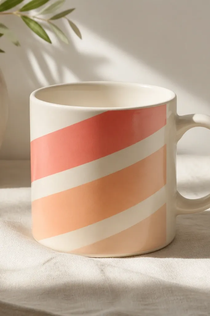 A cream mug with three diagonal stripes. Each stripe has a soft fade from coral to peach. The edges are straight and clean, and the stripes wrap around the curve.