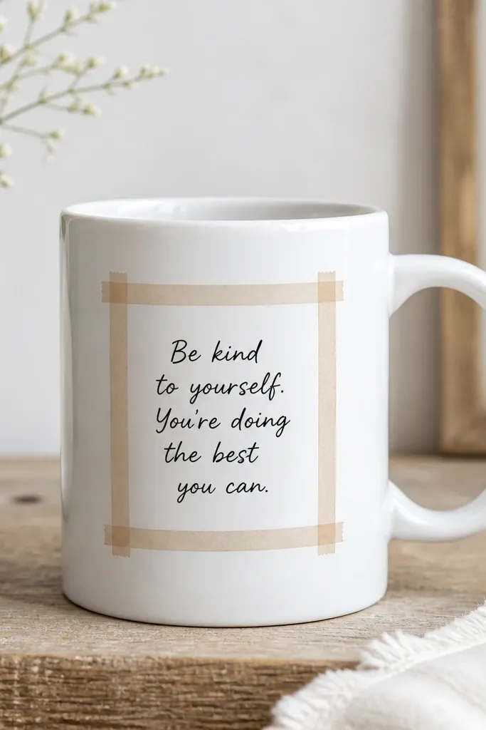 A white mug with a rectangular wash tape frame around the center. Inside the frame, a handwritten-style quote in black paint sits neatly above the handle. The frame corners are crisp and symmetrical.