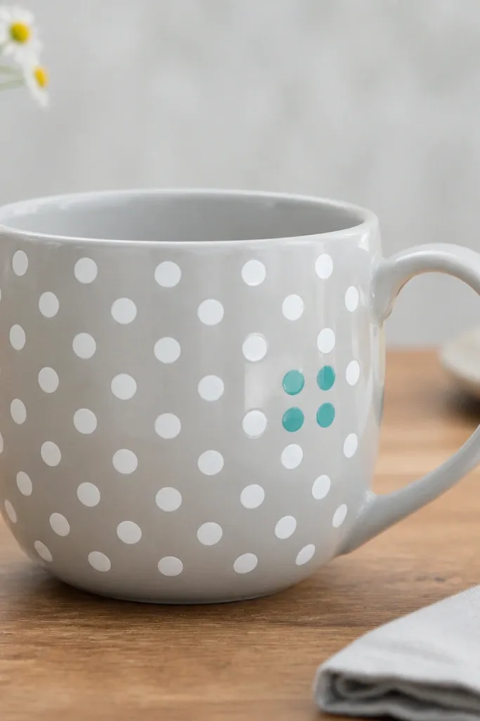 A light gray mug covered in evenly spaced white polka dots, with a single teal dot cluster near the handle. The dots have perfect circles and consistent spacing.