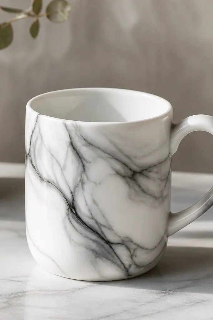 A white mug with soft gray and charcoal marble swirls. The marbling looks like misty stone, with thin web-like lines and a smooth satin finish.