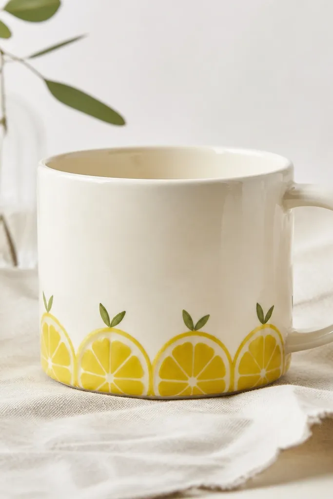 A cream mug with a repeating lemon slice band around the bottom. Each slice has yellow paint with a white rind outline and tiny green leaf tips. The slices line up like wallpaper.