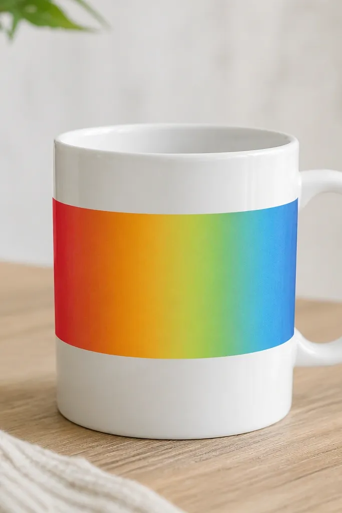 A white mug with an ombre rainbow band across the middle. Colors fade smoothly from red to orange to yellow to green to blue, with clean tape-defined top and bottom edges.