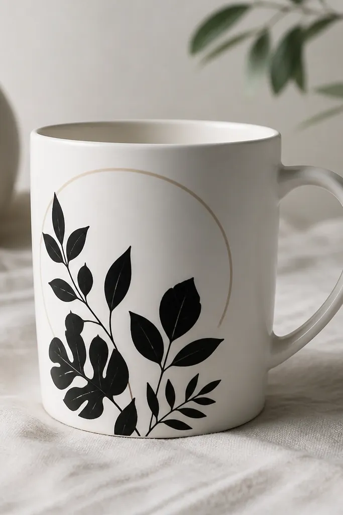 A white mug with black leaf silhouettes climbing up the side. The leaves have varied shapes but consistent bold edges. A thin tape-masked line forms a simple arc above the leaves.