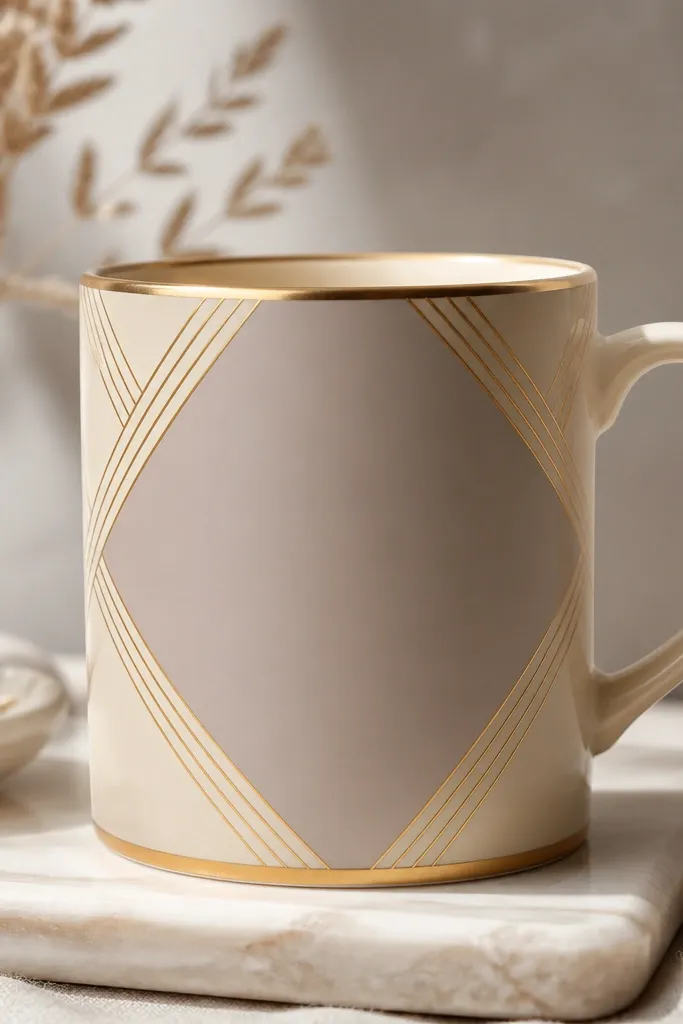 A beige mug with a masked geometric frame in metallic gold. Inside the frame, a soft taupe background sits smooth, and diagonal gold lines meet at corners.