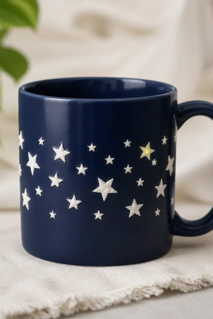 A dark navy mug with a wash tape star pattern. Stars are filled with white acrylic, and a few stars have glow-in-the-dark paint. The handle is clean and the star band wraps evenly.