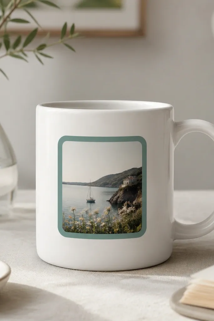 A mug with a small photo-like image centered on the side, surrounded by a hand-painted border in muted teal. The border has little brush texture and a clean rounded rectangle shape.