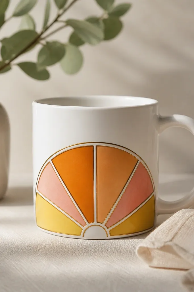 A white mug with a half citrus wheel motif. Segments are separated by fine lines, with orange, yellow, and pale pink fills. The lines look like stained glass.