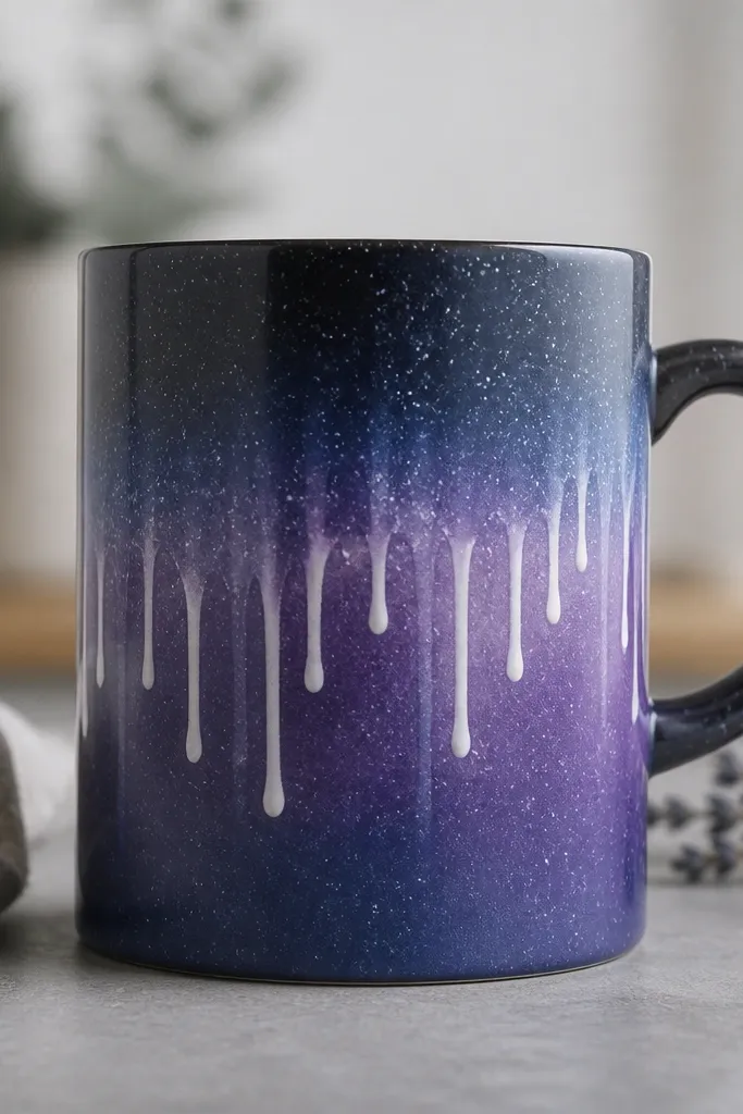 A dark mug with a galaxy gradient and controlled paint drips. The top edge is straight where tape was removed, and stars appear as tiny white dots. Drips stop cleanly instead of running down.