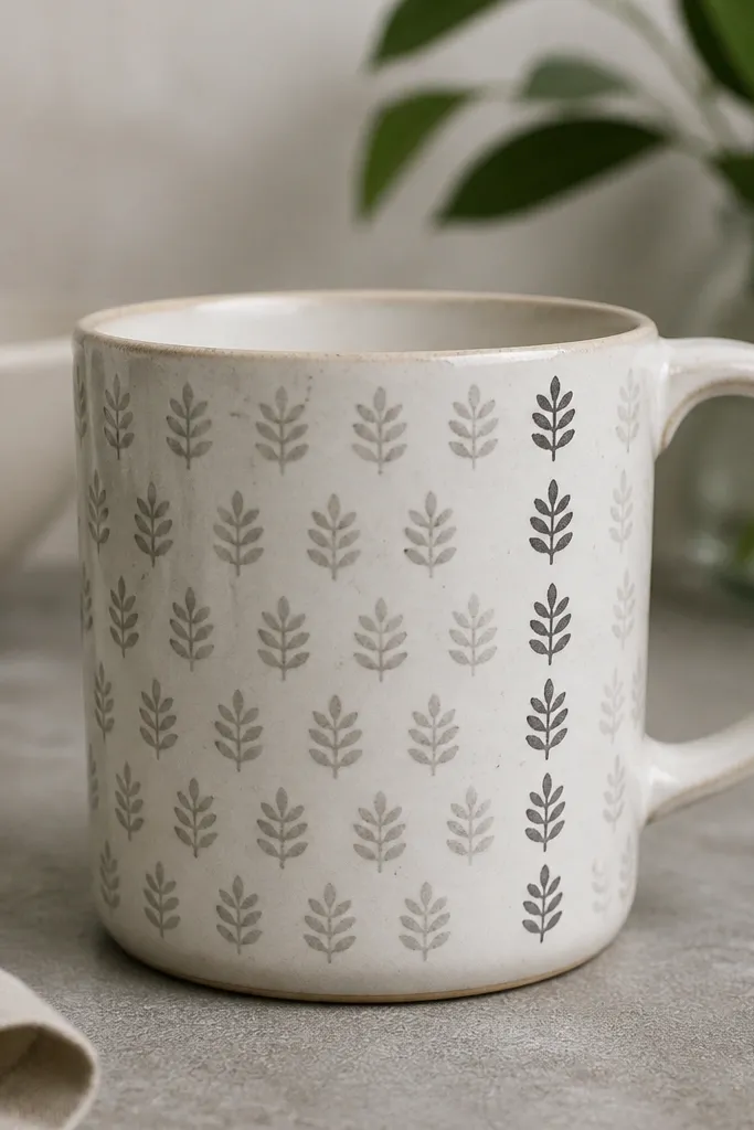 A mug with repeated small stamped leaves in a neat pattern. The stamps are gray and consistent in size, with a slightly darker accent row near the handle.