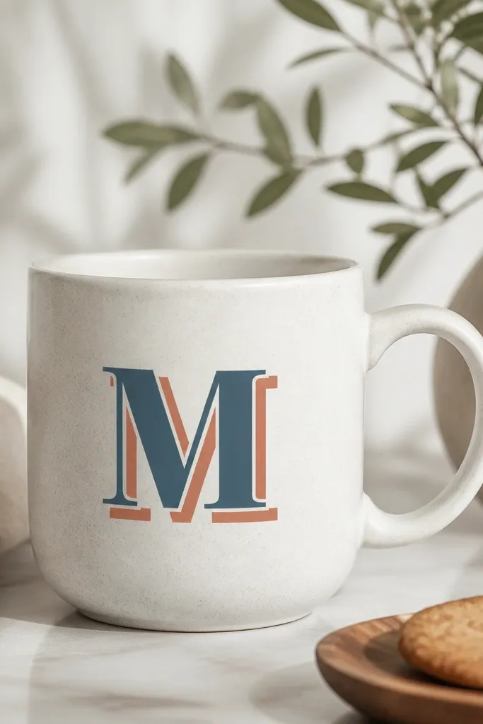 A mug with a large initial letter centered on the side, surrounded by a soft shadow effect. The letter has crisp edges like a stencil, with a second color offset behind it.