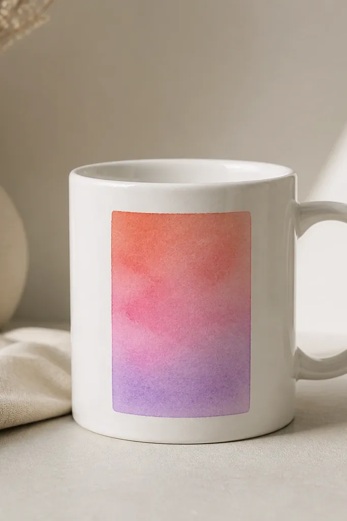 A mug with a watercolor wash rectangle in the center. Colors blend softly - coral to pink to lavender - with clean tape-resisted edges and no drips beyond the rectangle.