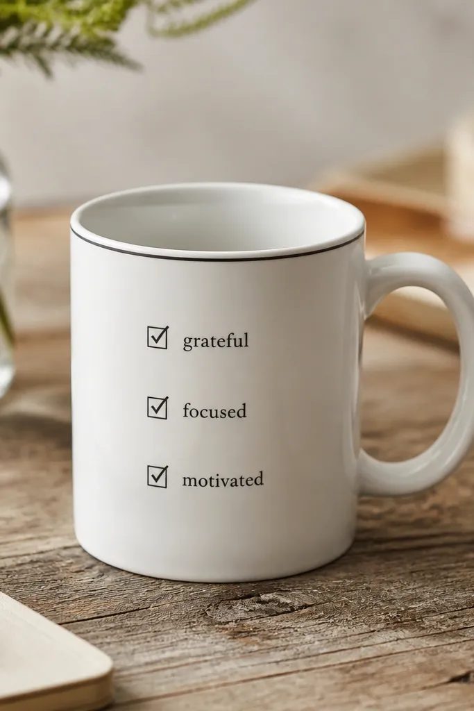 A white mug with a thin border and small checklist icons in three rows. Each icon has a tiny check mark and one word label in black, spaced evenly around the curve.