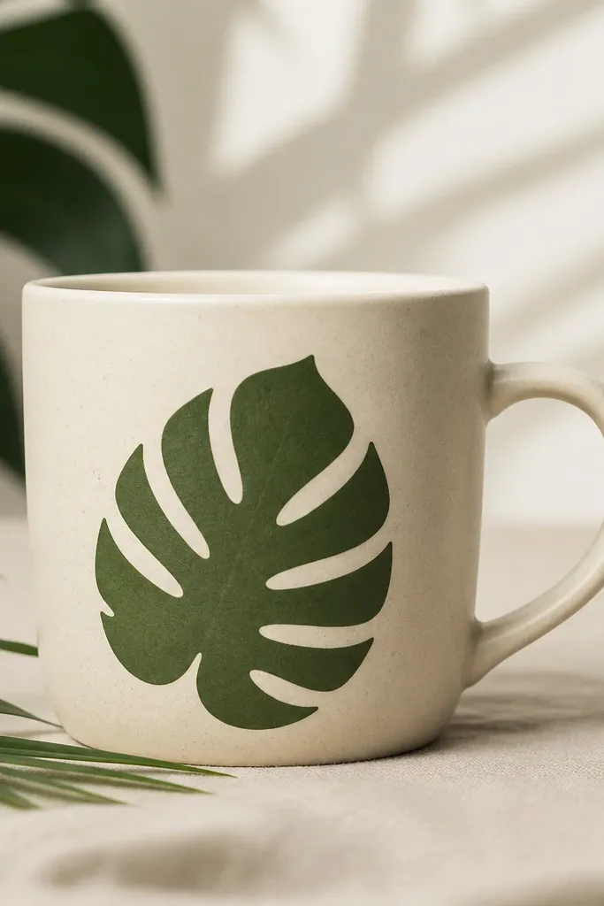 A mug with a tropical leaf silhouette that looks like it was cut out of color. The background is light, the leaf is a deeper green, and the edges are clean.
