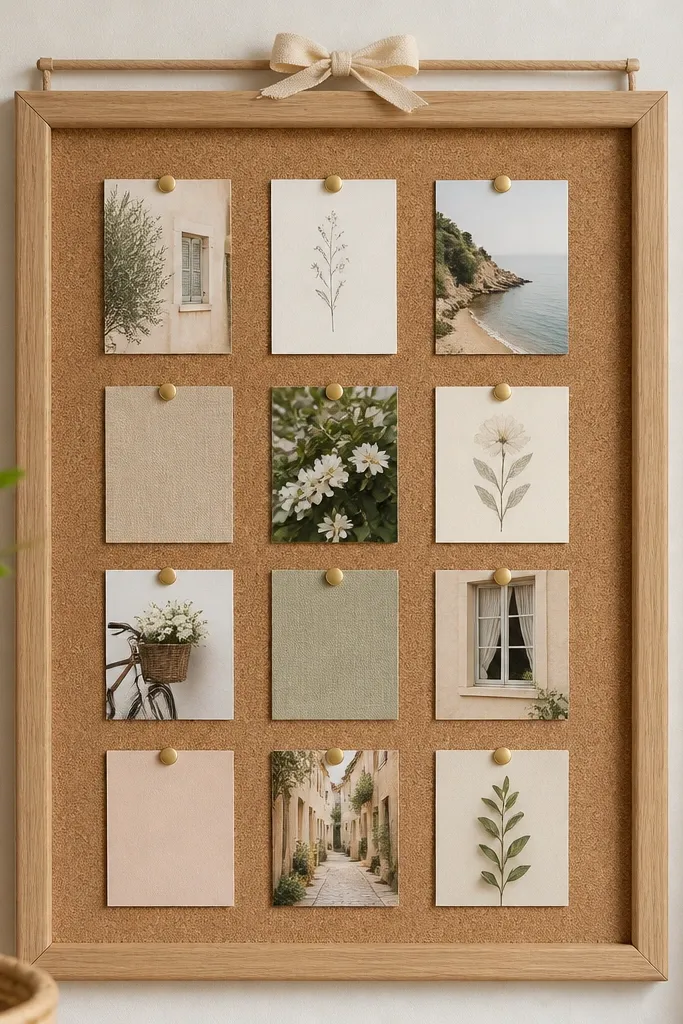 A cork board inside a natural wood frame. A grid of gold push-pins holds small cards and photos. At the top, a small ribbon bow wraps around a dowel attached to the frame.
