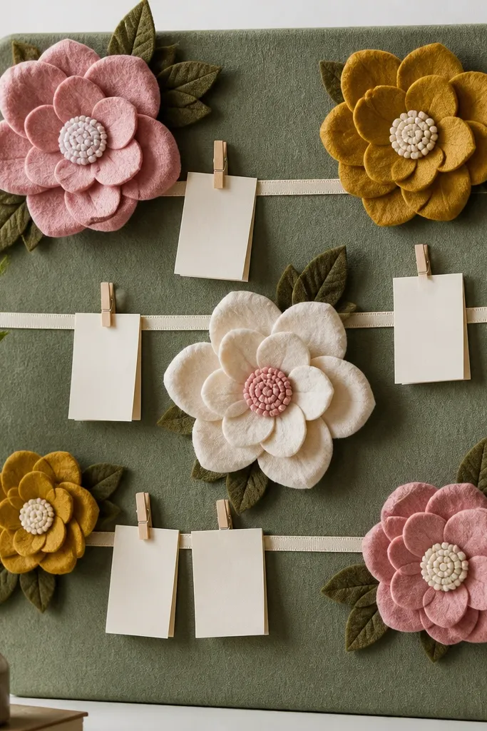 A sage green felt board with large felt flowers stitched in layered petals. Small ribbon loops hold folded prayer notes clipped with mini clothespins. Colors include cream, dusty pink, and mustard.