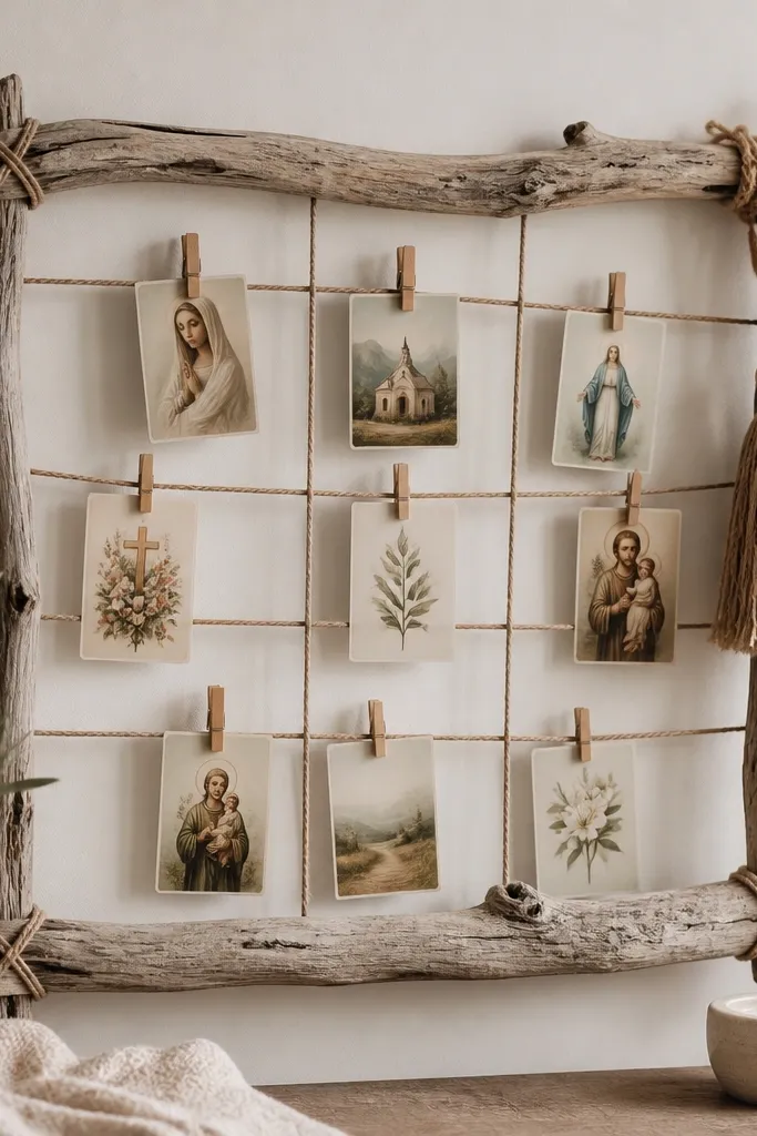 A rustic driftwood-look frame with a taut rope grid across the center. Small wooden pegs clip prayer cards along the rope lines. A jute tassel hangs from the top corner.