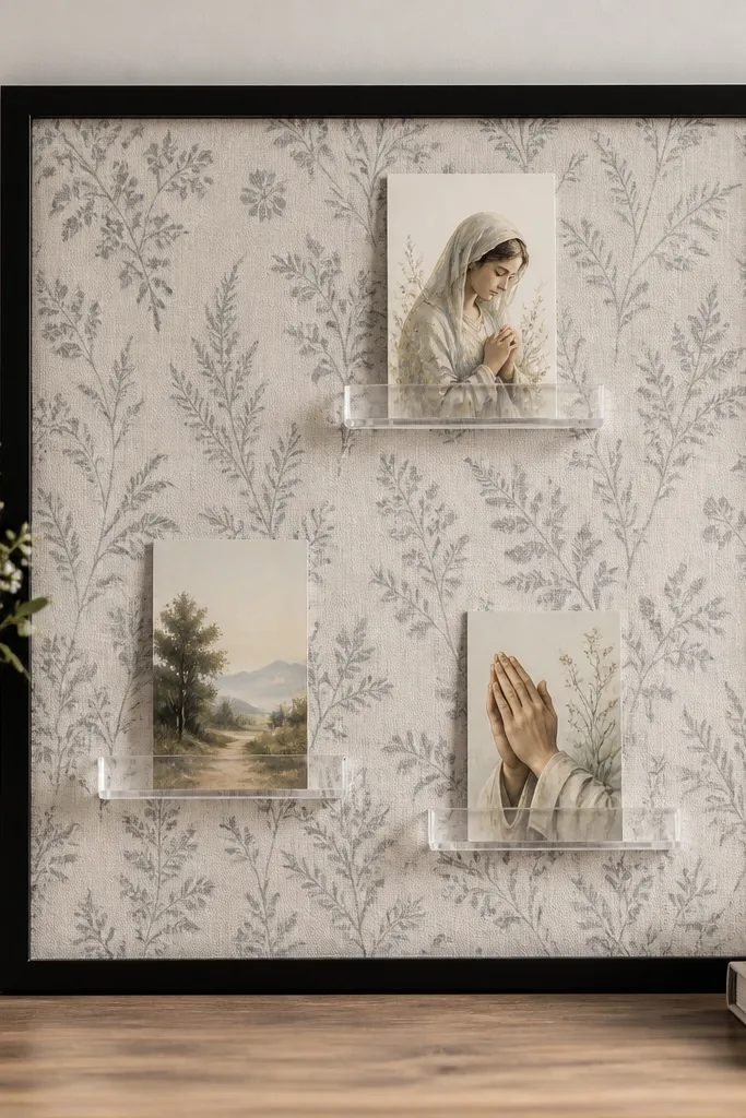 A square board covered in subtle gray-and-cream fabric patterned like light botanical wallpaper. Three clear acrylic clip ledges hold small prayer cards. The board sits in a simple black frame.