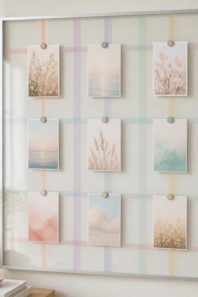 A clear acrylic panel mounted in a thin silver frame. Pastel washi tape forms gentle grid lines. Small prayer cards are held with tiny magnets at the intersections.