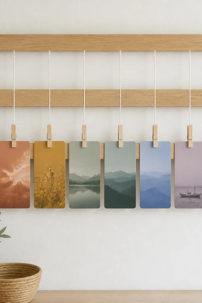 A light oak slat board with three horizontal slats. Vertical cotton strings hang from the top slat to clip clothespins. Prayer cards hang in a neat row of colors.