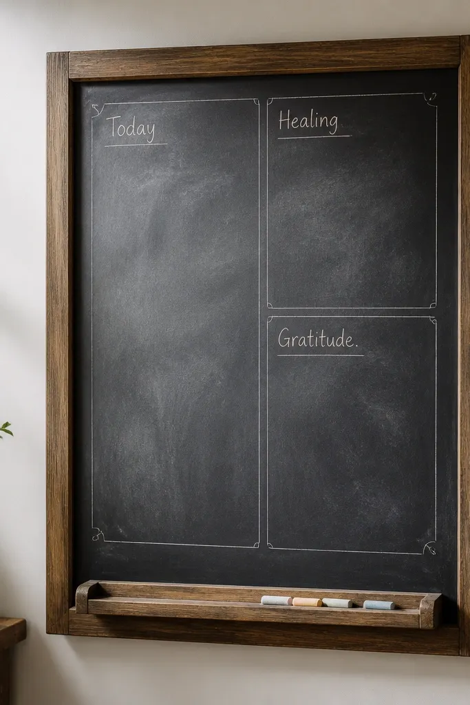 A framed chalkboard panel with a small tray attached inside the frame for chalk. The chalkboard has faint ghosted outlines and a few labeled sections: Today, Healing, Gratitude.
