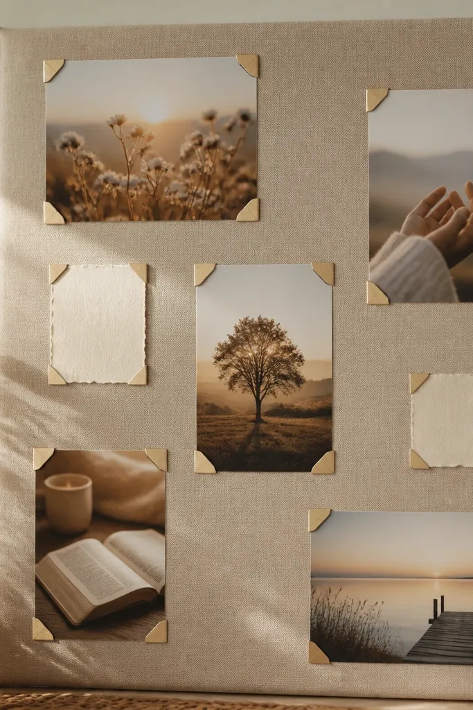 A warm beige board covered with textured cotton fabric. Several small photo corners hold printed prayer photos and notes. Each corner is removable with a tiny adhesive pad behind it.