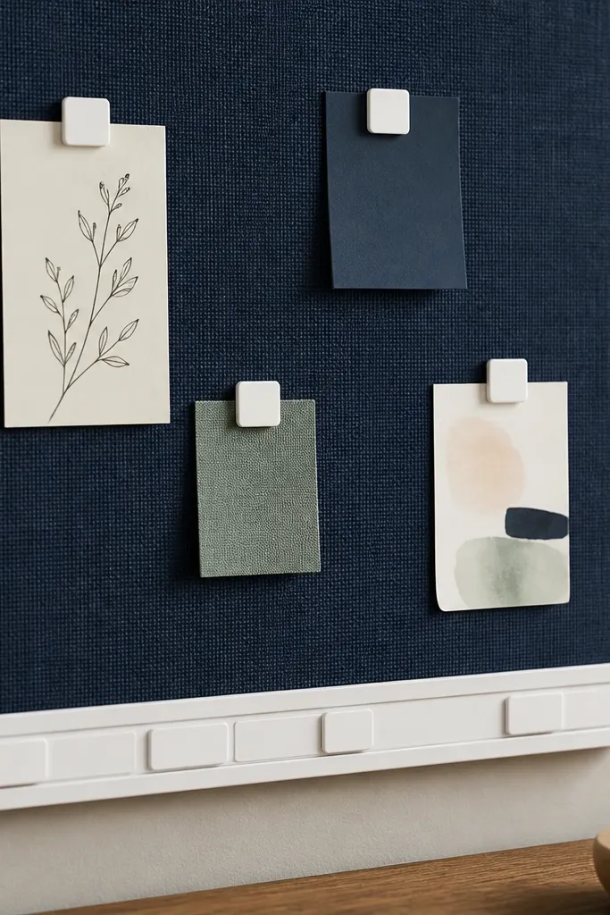 A navy fabric-covered board with a subtle weave. Small square magnets hold labeled cards. A clean white nameplate strip runs along the bottom with removable label tabs.