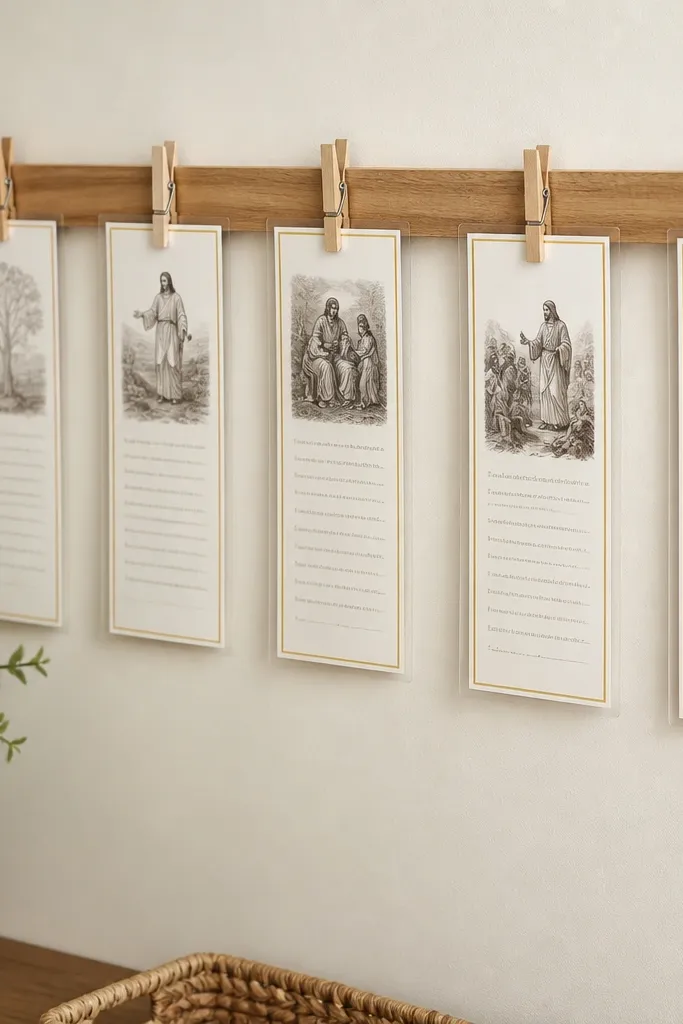 A cream board with a thin wooden rail at the top. Several laminated scripture strips hang from the rail with small clothespins. The strips have black text and a tiny gold border.