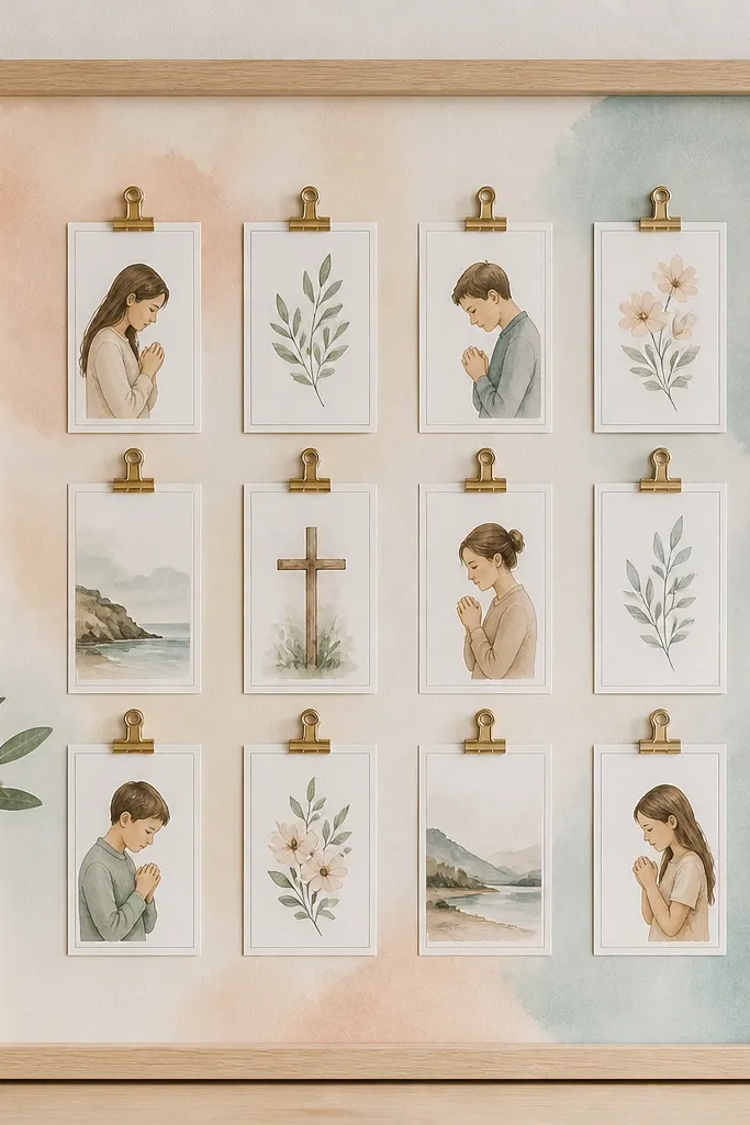 A watercolor wash background in pale peach and light aqua behind a grid of small clip frames. Each clip frame holds a small prayer card with a thin border. The piece is framed in light wood.
