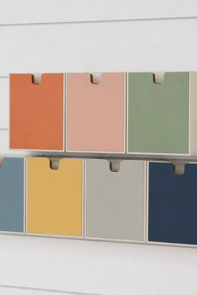 A faux shiplap background in white with gray lines. A magnetic sheet behind the surface holds small card blocks stacked in two tiers. Each block has a different color label.