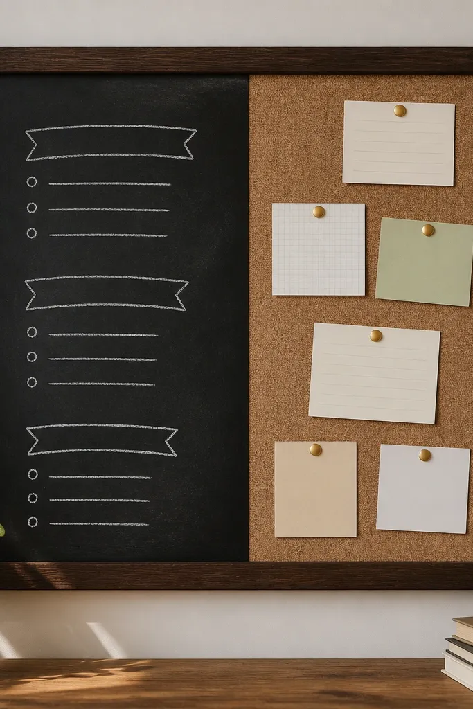 A split board: left side is matte blackboard with chalk headings, right side is cork. Gold push-pins hold note cards on cork while chalk writing sits on the black area. The board is inside a dark wood frame.