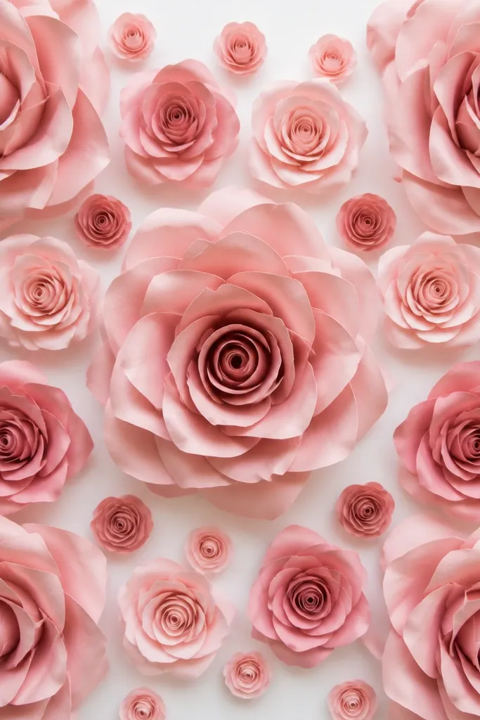 A photo backdrop with three sizes of tissue paper roses in blush pink and dusty rose. Large roses sit in the center and corners, medium roses fill the middle rows, and small buds sit between them on a clean white backing panel. The petals look curled at the edges, with darker tones showing on the folds.
