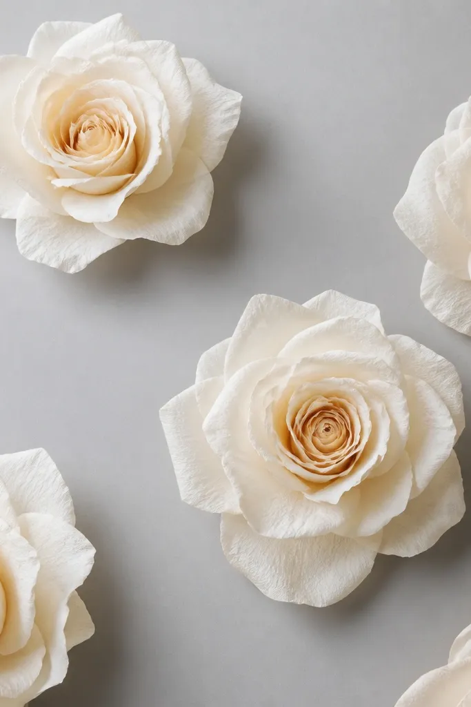 Cream tissue paper roses mounted on a matte soft gray backing. The petals have gentle curls, and the centers are layered with slightly darker cream tissue. The spacing is airy, with fewer roses and visible negative space between blooms.