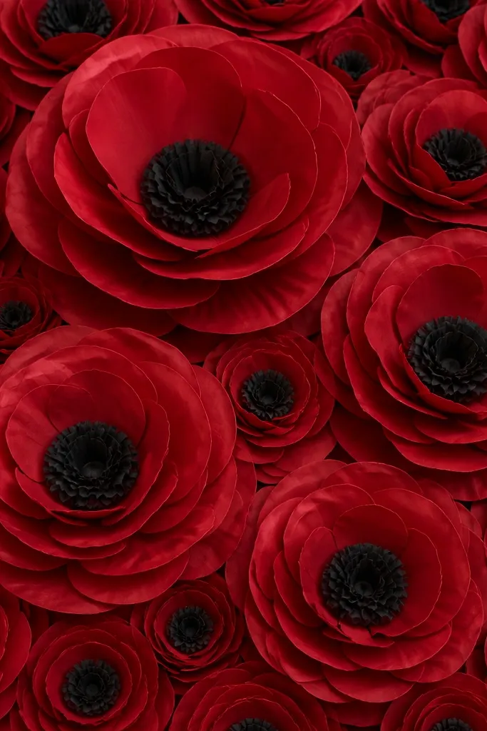 A bold tissue paper rose wall featuring deep red petals with darker black tissue centers. The roses are arranged in a dense pattern with large blooms dominating the center and smaller roses filling the edges. The centers look like tight rosettes with a crisp, dark ring.