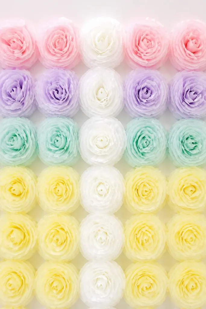 A tissue paper rose wall arranged in a grid. Roses in pastel pink, lavender, mint, and pale yellow appear in rows, with a vertical column of white roses running down the center. The background is light and uncluttered, giving a clean rainbow effect.