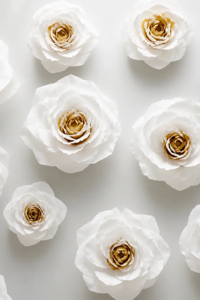 All-white tissue paper roses with gold-tinted inner centers. The petals are bright white, while the center layers show a warm gold gradient. The wall has a soft, airy look with medium spacing and visible background between roses.