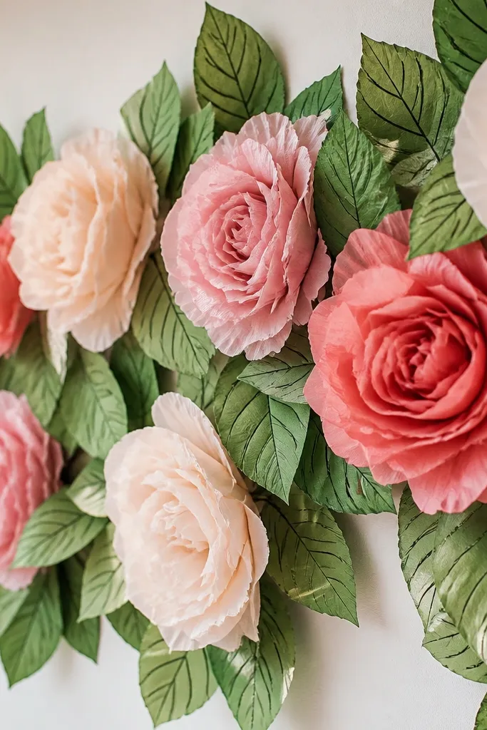 Tissue paper rose blooms paired with cut green leaves. The leaves have visible veining lines drawn with a marker and are tucked around the rose bases. The wall looks more botanical because the roses have surrounding foliage.