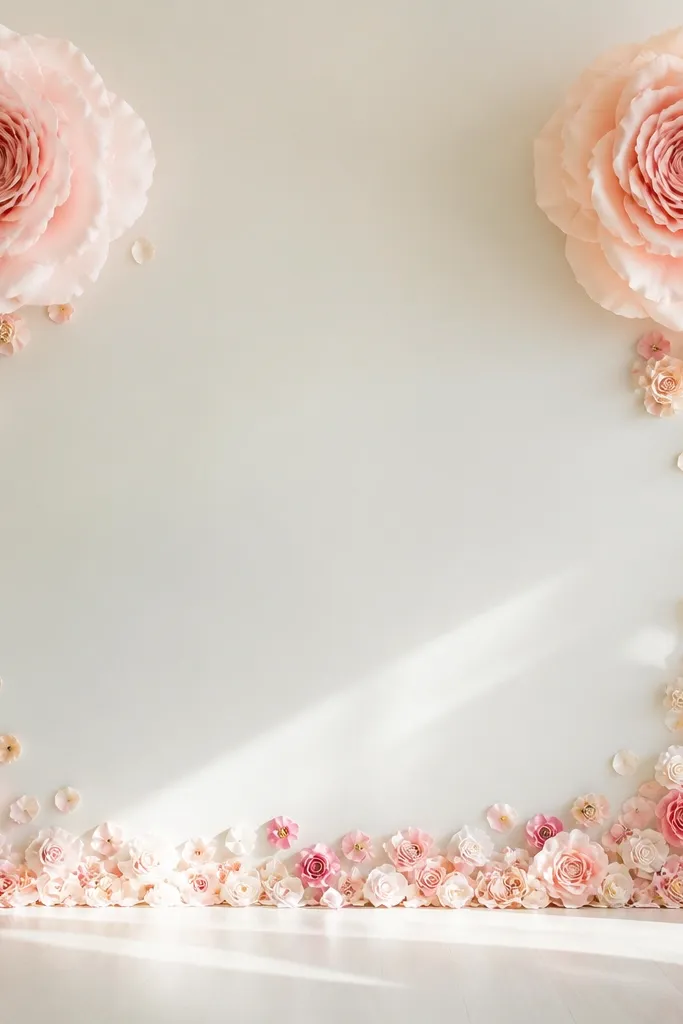 Two large tissue paper roses placed in the top corners of a wall. Along the bottom and sides there's a thin border of small rose petals and mini blooms, creating a frame effect. The center area stays mostly open for photos.