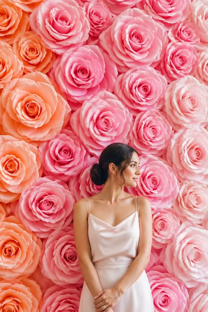 A gradient tissue paper rose wall where roses transition from peach on one side to pink in the middle and blush on the other. Each rose has a slight ombre effect in its petals, with darker tissue near the base and lighter at the tips.