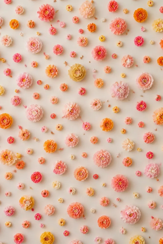 A wall covered with many small tissue paper roses and tiny buds spread like confetti. The spacing is even, and the background is visible between blooms. The overall look is playful and dense, but still airy.