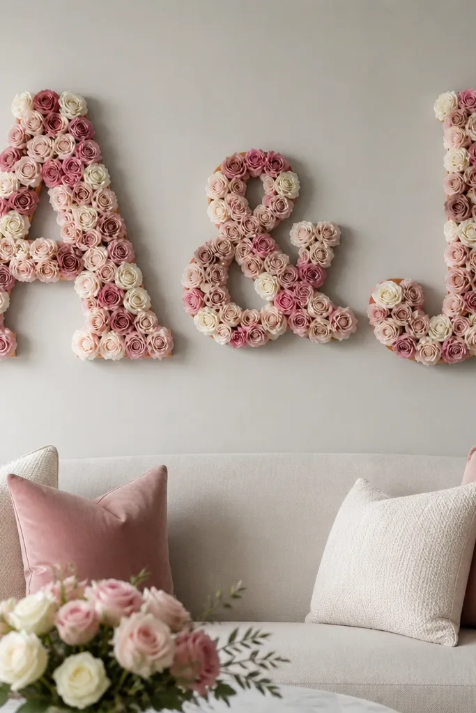 A tissue rose wall spelling a word or initials using rose clusters. The roses fill the letter shapes, while the background remains visible. The letters are attached to removable foam boards that sit on the wall without nails.