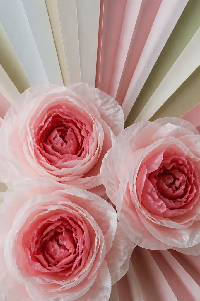 A sunburst-style background made from paper strips radiating outward behind large tissue roses. Only the centers of the roses are fully filled; the outer look is lighter. The radial rays create a burst behind the blooms.