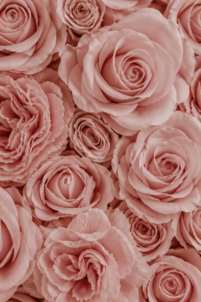 A monochrome rose wall in one main color, with some roses made from tissue petals and others with slightly crinkled crepe-style petals. The crepe roses look more ruffled and textured, adding contrast without changing color.