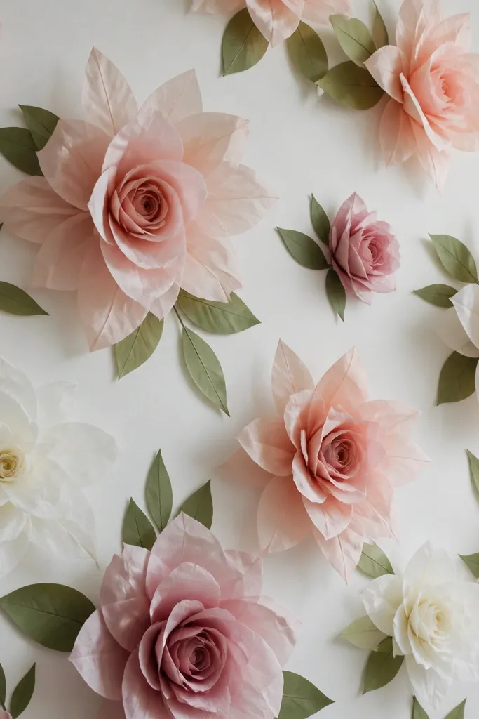 Tissue paper roses with elongated tear-drop petals instead of round petals. The roses look slightly more open and flower-like, with visible petal points. The wall has medium spacing and a natural, less symmetrical arrangement.