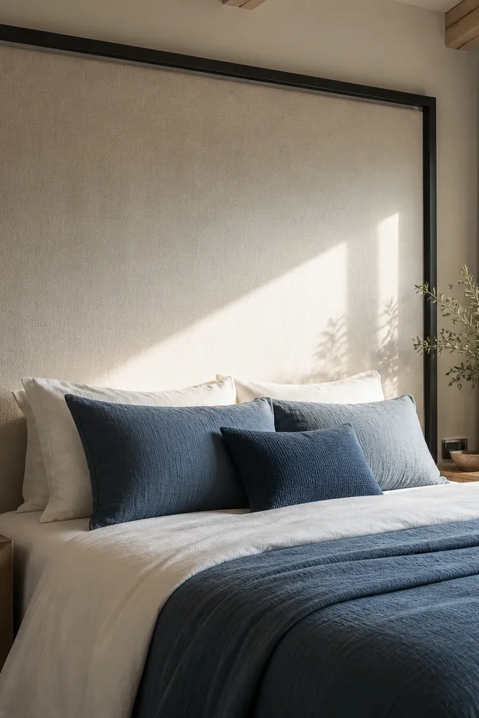 White wood frame with a stretched neutral fabric panel mounted behind a bed