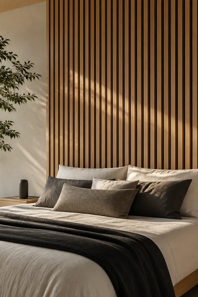 Light oak vertical slats mounted on the wall behind a bed