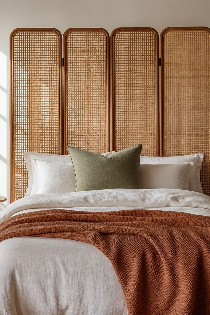 Freestanding rattan screen positioned behind a bed with warm natural tones