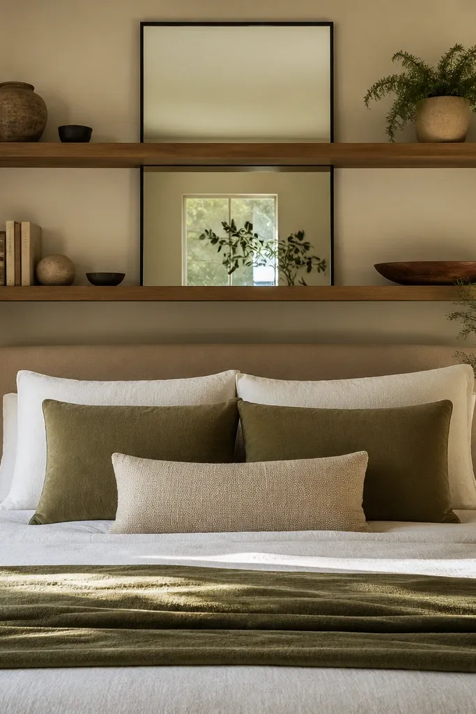 Floating shelves with a centered mirror above a bed