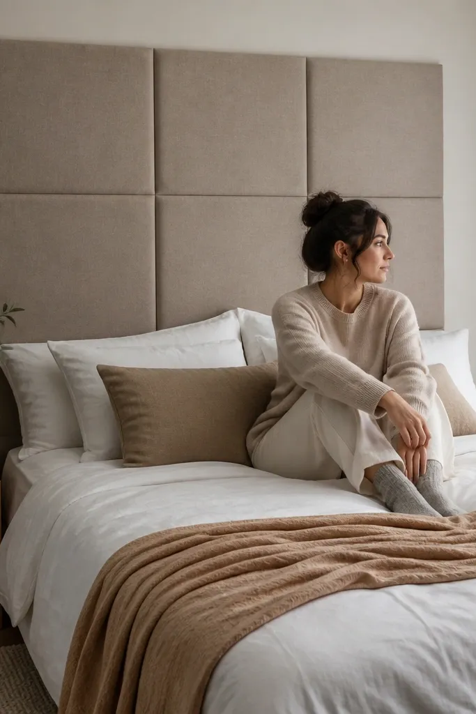 Fabric wall panels arranged in a grid behind a bed