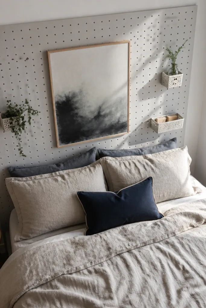 White pegboard wall with hooks and framed art above a bed