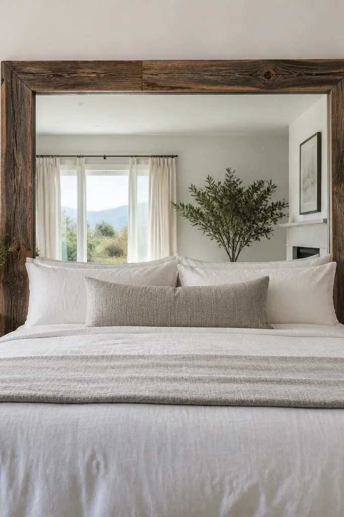 Large framed mirror with wood trim mounted behind a bed